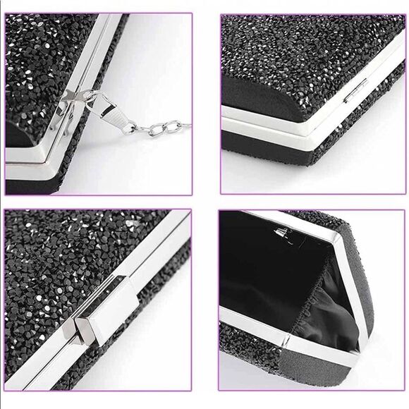 Black Crystal Purse with Crystals on Front and Back & silver detachable chain - Picture 3 of 5